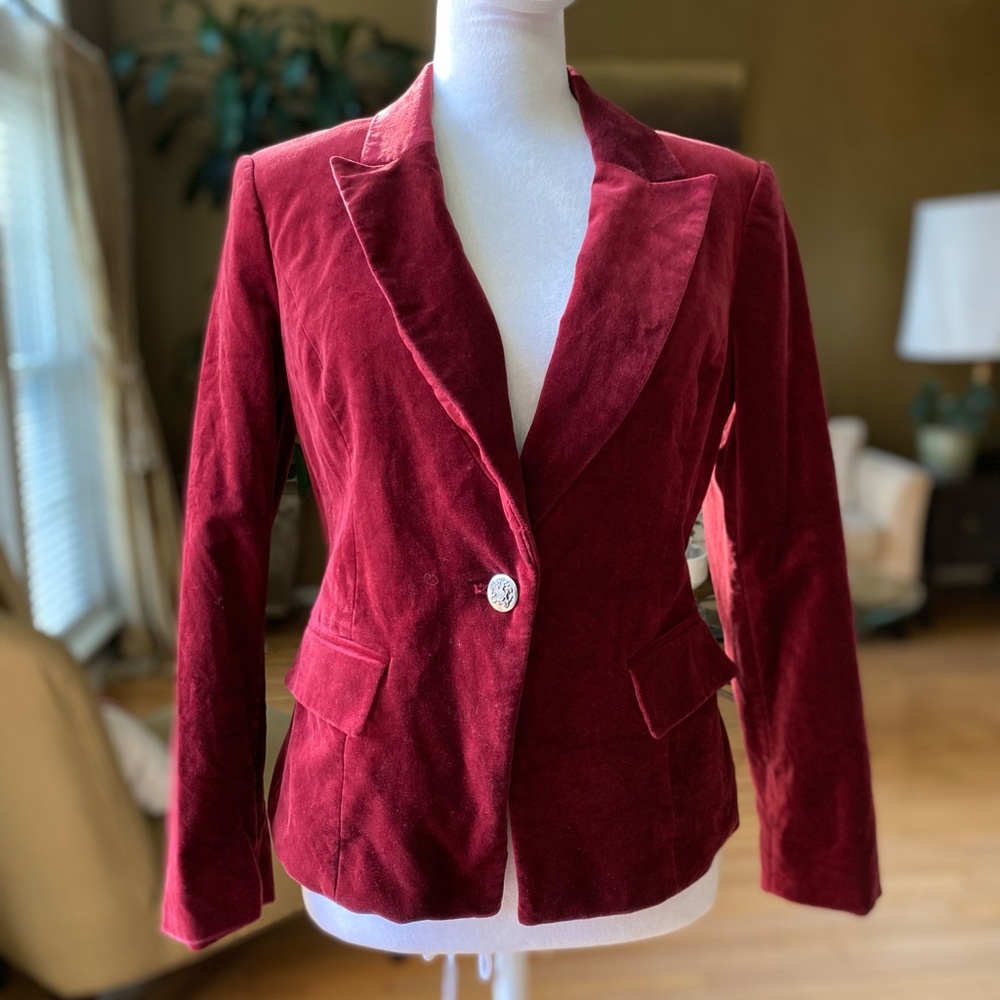 WHBM Burgundy Velvet Blazer Single Button Notch Lapel Fitted Velvet Jacket 4P - Picture 2 of 15